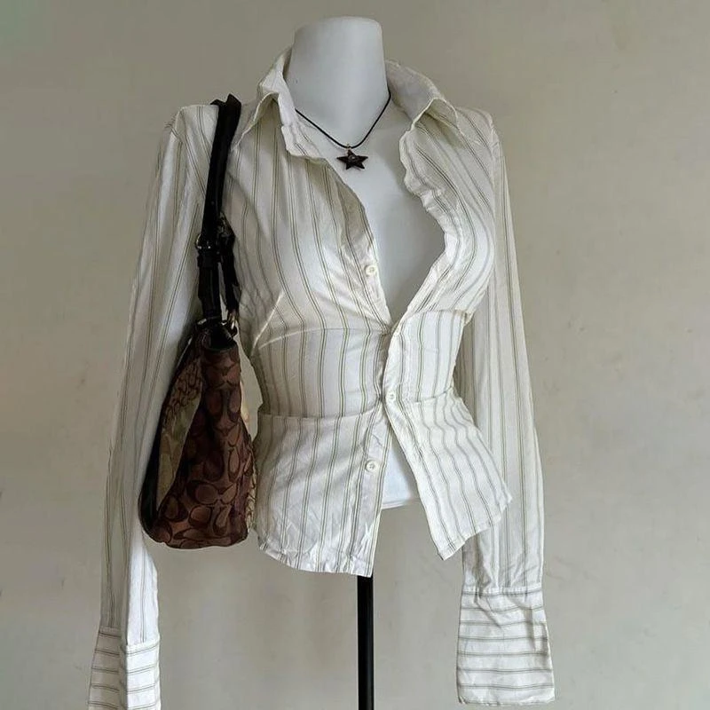 2025 été nouvelle chemise classique rétro femme mode coréenne à manches longues chemise mince rayure Y2k marron simple boutonnage hauts femmes nouveau