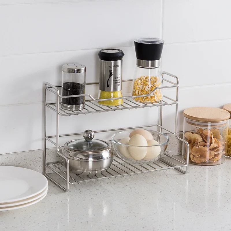 

2 Tier Stainless Steel Kitchen Spice Rack,Seasoning BoxStorage Shelf Conatiner,Makeup Cosmetic Caster Tools,Sundries Organizer,