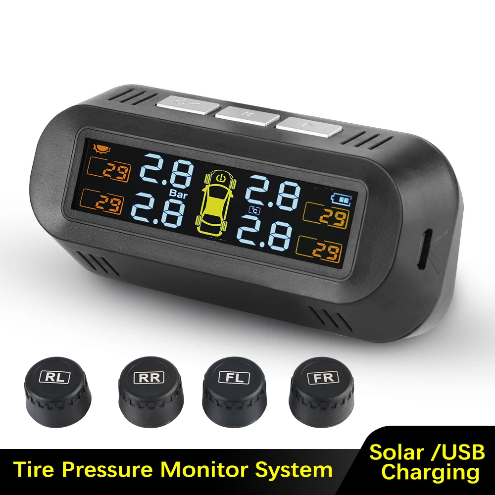 

Tire Pressure Monitoring System Digital LCD Display Solar/USB Powered Auto Security Alarm Systems Car TPMS