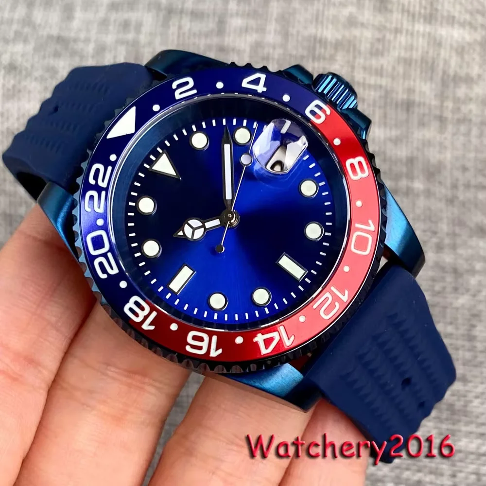 

Циклоп Светящееся сапфировое стекло Tandorio 40 мм Синее покрытие Нержавеющая сталь Синий солнечные лучи Циферблат даты NH35 Автоматические мужские часы для дайвинга