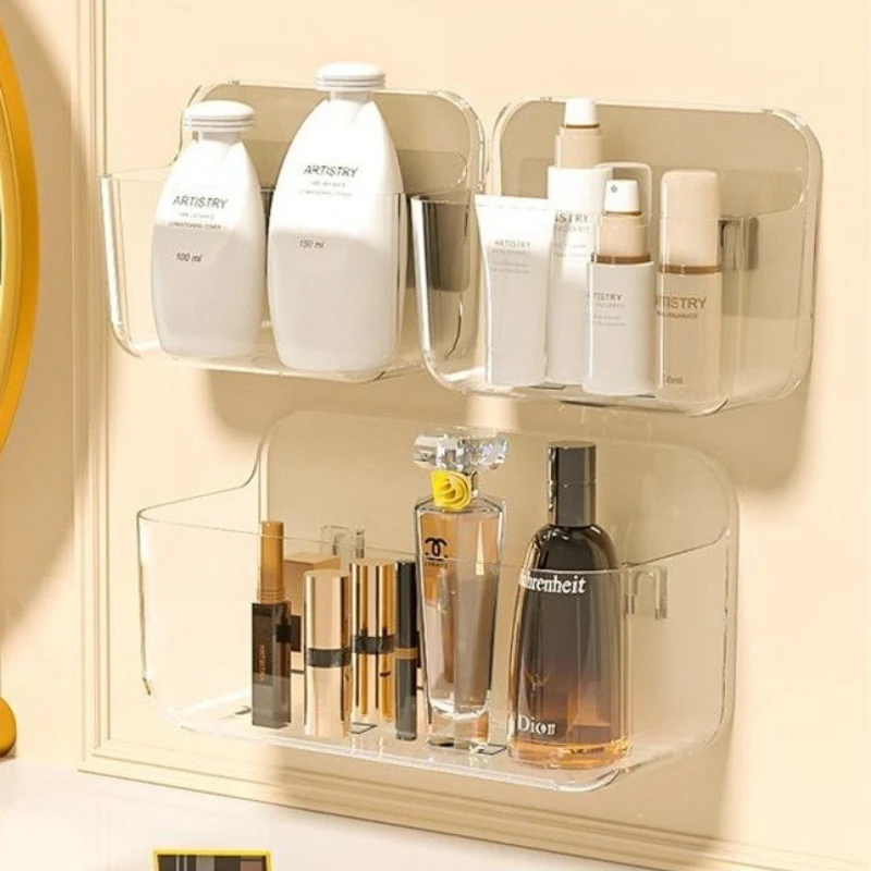 1PC Punch Free Wall Mount Bathroom Storage Box Transparent Drainage Organizer Rack For Wash Basin Counter Cosmetics