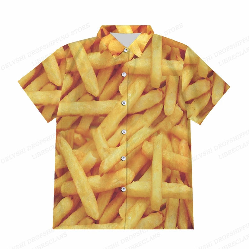 Foods Sausage Shirts Men Women Fashion Shirts Hawaiian Casual Beach Blouse Cuba Camisa Turn Down Collar Funny Chips Shirt Boy