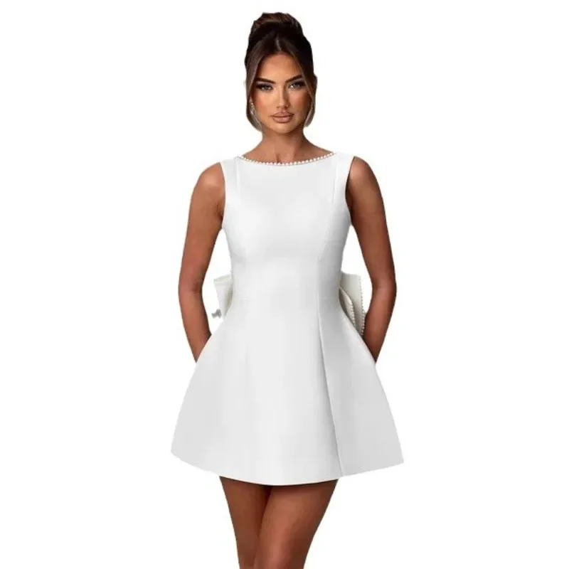 White Pearl Backless Bow Evening Party Mini Dresses Women 2024 Sexy Dress Bodycon Robes Summer Waist Wrap A Line Dress Vestidos