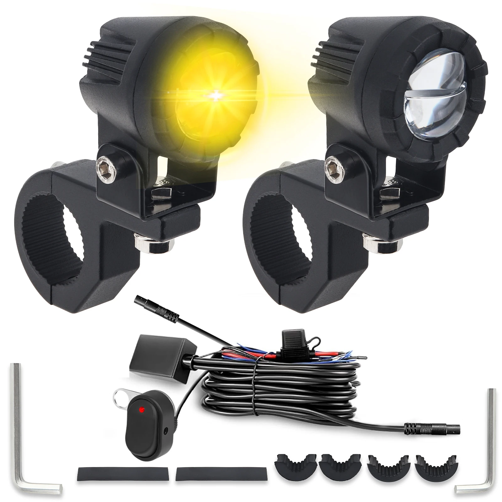 

2pcs Motorcycle Fog Light Spotlight Auxiliary Driving Light White Yellow High Low Beam 3000LM Headlight Work Light Mount Bracket