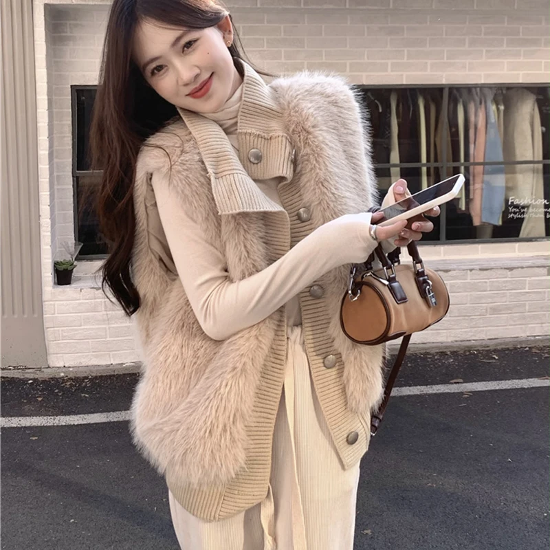 

Роскошные вязаные кардиганы из искусственного меха, женские осенне-зимние однобортные водолазки, жилет, женский мягкий кардиган без рукавов Mujer