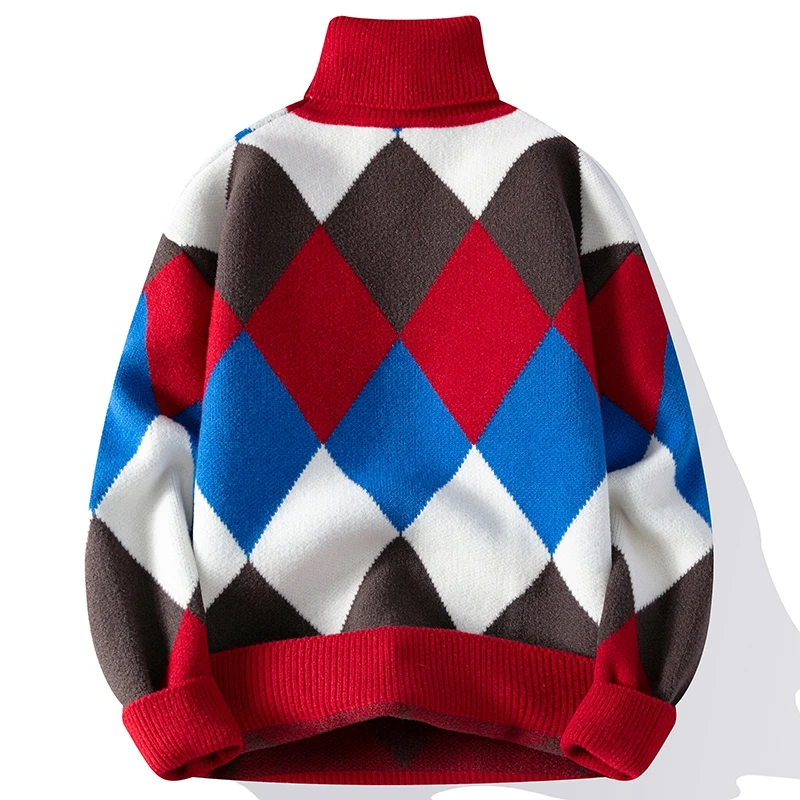 Men's High Neck Argyle Cashmere Turtleneck Sweater, Thick Pullover, Warm, High Neck, Christmas, New, Fall, Winter, 2024