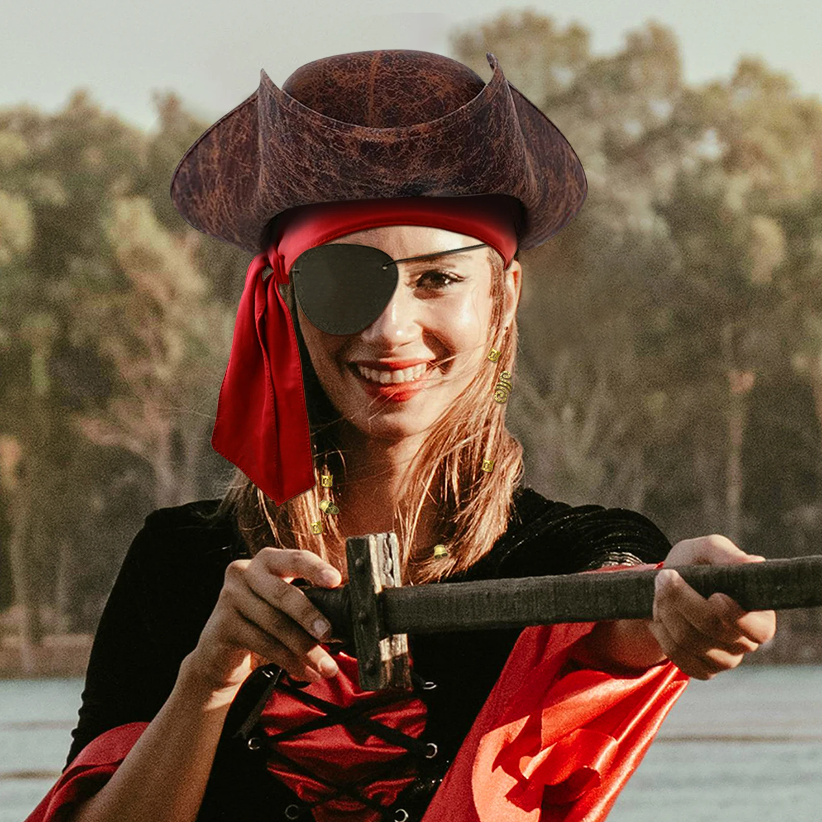 Cappello da pirata rinascimentale per adulto Cappello tricorno in ecopelle marrone per uomo Donna Accessori per costumi da pirata cosplay di Halloween