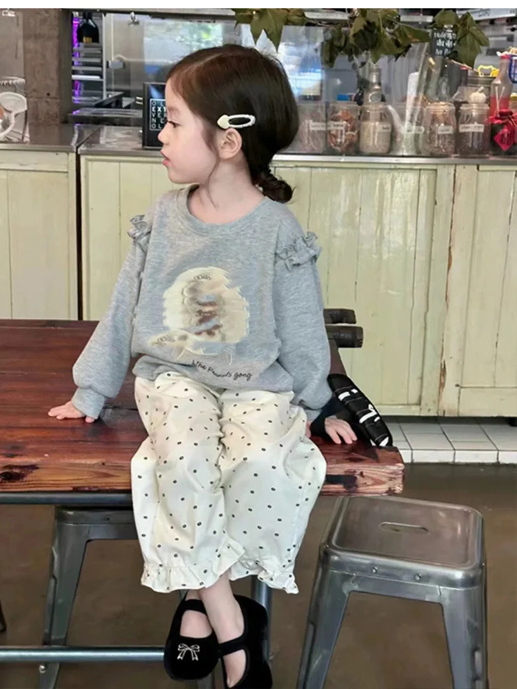 

South Korea Children's Clothing Girls' Autumn Fashionable Suit2024New Western Style Children's Gray Sweater Polka Dot Pants