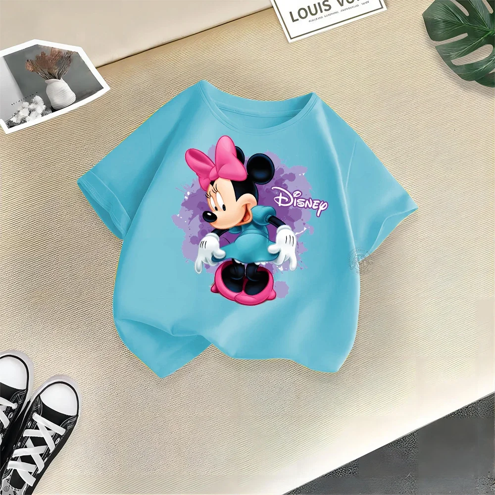 Disney-Minnie infantil camiseta de algodão manga curta, top de rua de verão, desenhos animados, meninos e meninas, blusa casual infantil