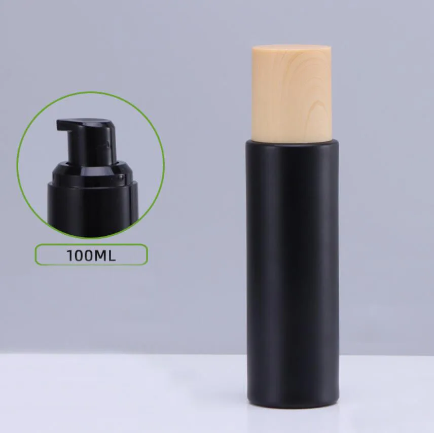 100ml black glass bottle wooden shape lid serum/lotion/emulsion/foundation/gel/toner essential moisture skin cosmetic packing