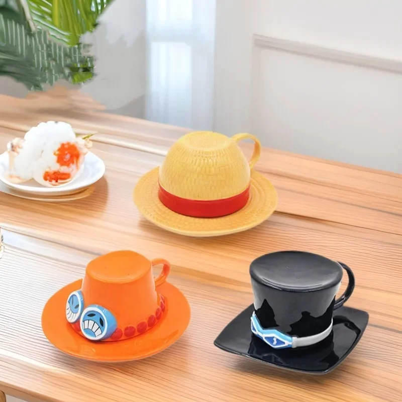 Cartoon Ceramic Mug Water CupSet Sabo Luffy Ace Hat Shaped Coffee Cup Three Brothers Hat Creative Mugs Coffee Cup and Saucer