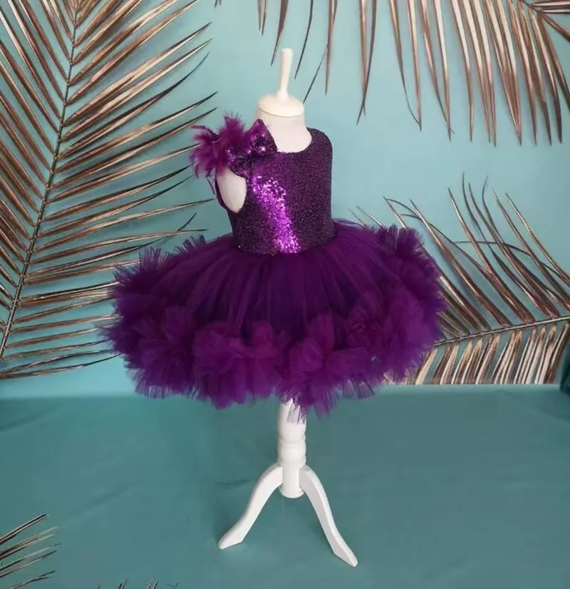Girl's Evening Dress Elegant Heavy Industry Sequin Dinner Mesh Tutu Dress Sweet Bow Sleeveless Purple Princess Dress