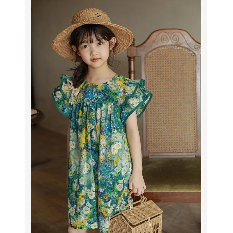 

Girls' Clothing: New Printed Dress with Flutter Sleeves for Toddlers and Young Girls, Romantic Oil Painting Style Princess Dress