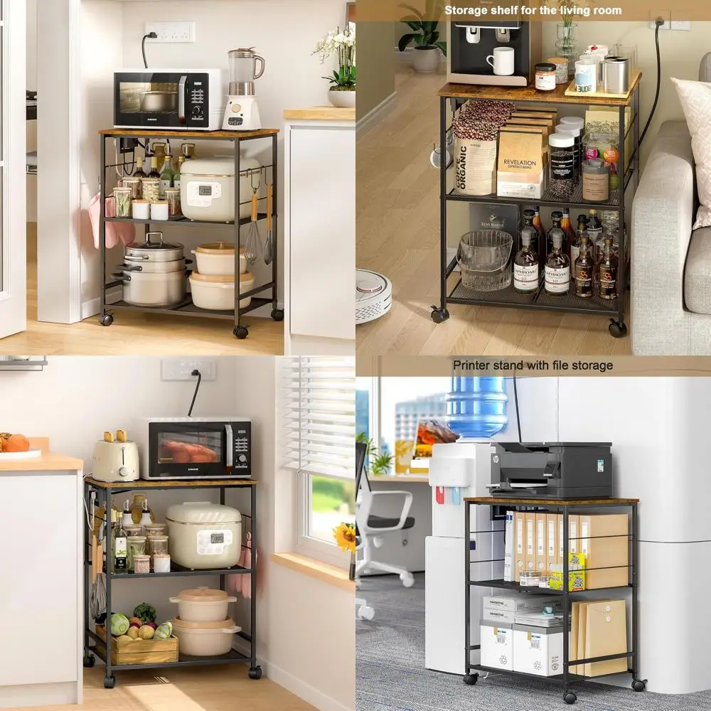 

3-х уровневая тележка для микроволновой печи с розеткой, колесами для хранения и универсальными колесами для кухни и гостиной