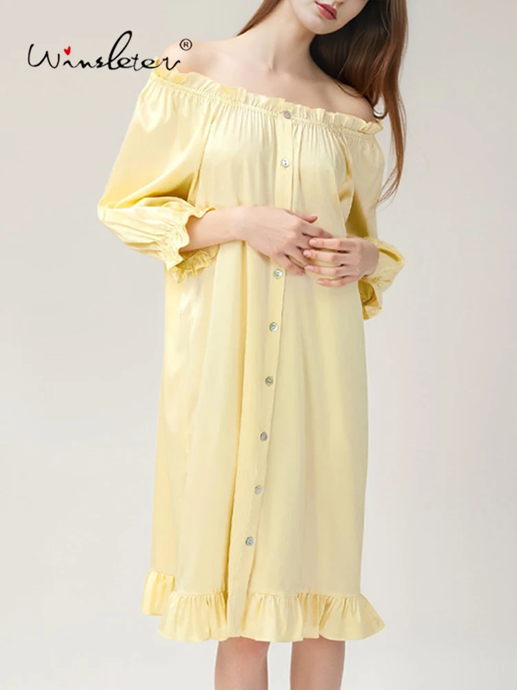 Winsleter-16MM 100%Real Silk Elegant Nightgown, Slash Neck Puff Sleeve, Women French Sweet Pajamas Dress, 2026 Summer P67143CC