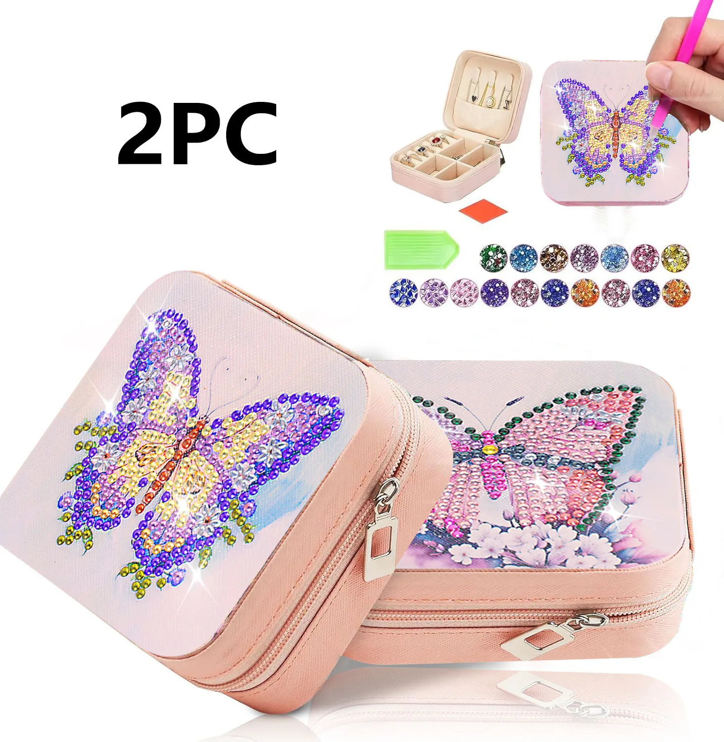 

2 DIY butterfly diamond painted ladies' travel jewelry boxes, mini jewelry travel jewelry boxes, rings and necklaces