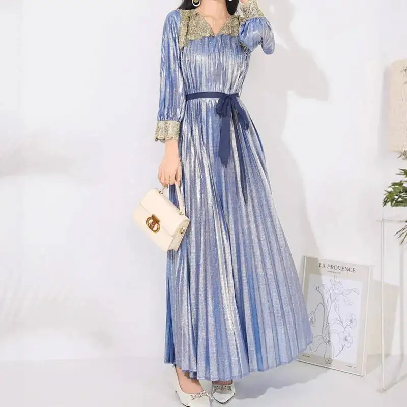 HKSH ربيع الخريف جديد المرأة فستان الخامس الرقبة طويلة الأكمام حزام الدانتيل مطرز تقسم مطوي أنيقة موضة Ins فساتين الحفلات HK13176