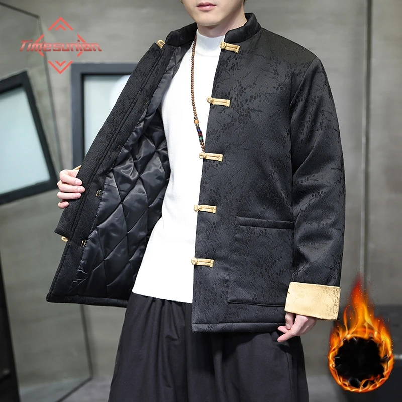 

Мужская вельветовая куртка в китайском стиле с длинными рукавами, свободная посадка на пуговицах, верхняя одежда ханьфу, повседневное зимнее пальто с подкладкой