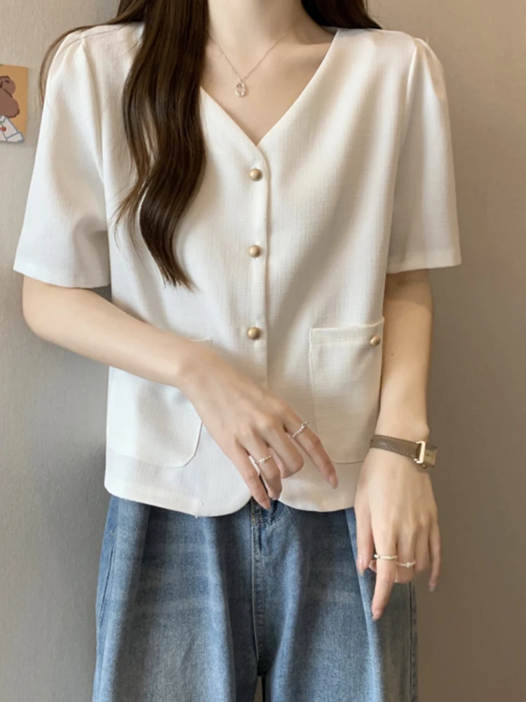 여름 반팔 브이넥 티셔츠 여성용 셔츠 어깨 길이 디자인 슬림핏 플러스 사이즈 배 커버 신상 한국 패션