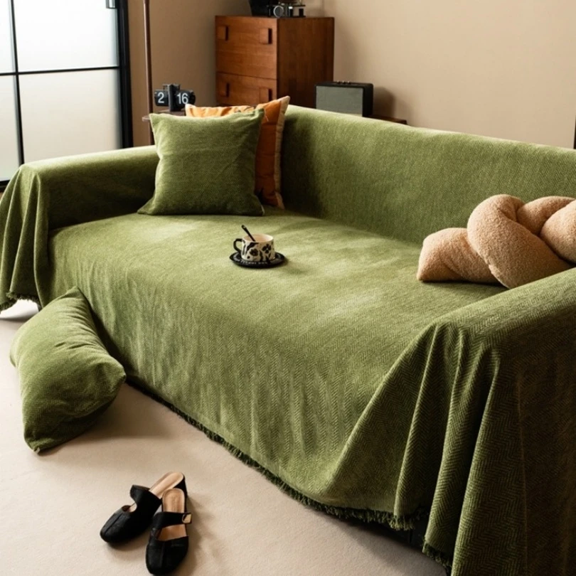 

Minimalist Herribone Style Chenille Sofa Towel with Tassels Edge Sofa Cover Blanket Home Decoration Leisure Relax Beach Towel