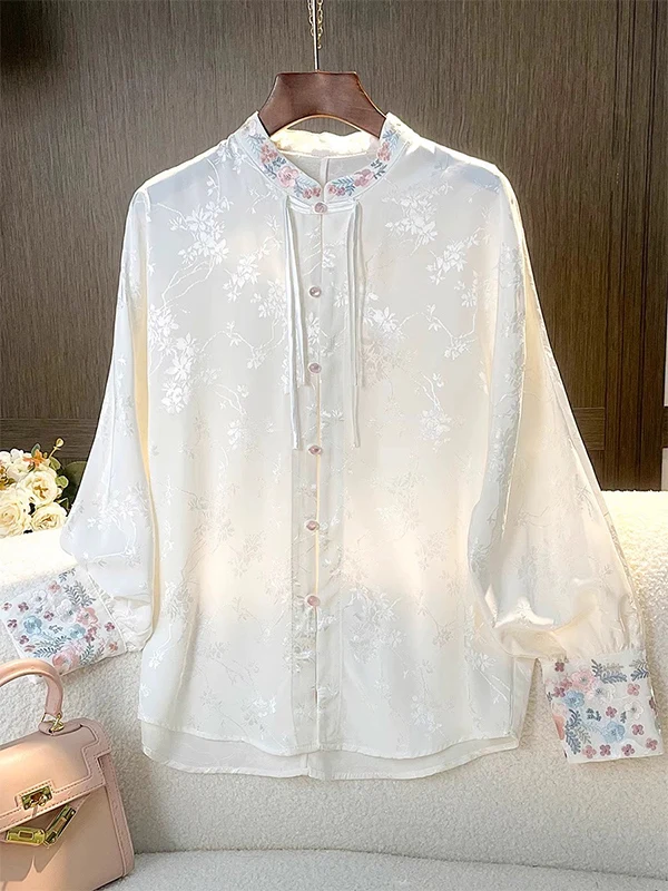 

New Chinese Sle Embroidered irt with Button Design Traditional Hanfu Top Women's Loose Fit Long Sve Stand Collar Blouse