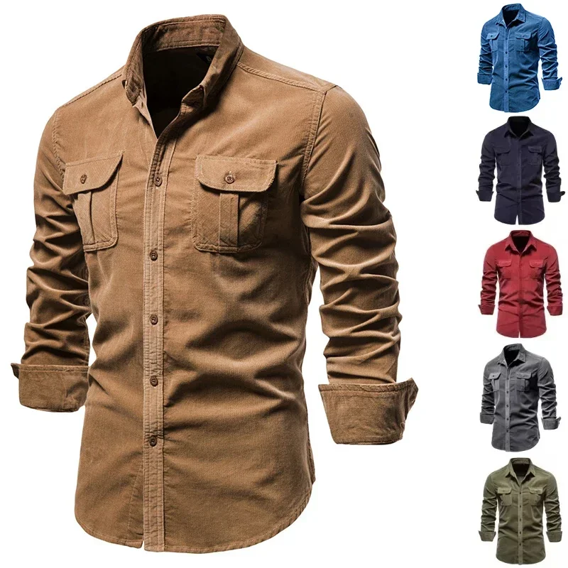 Camisa retrô de veludo de manga comprida masculina, moda, monocromática, lapela de botão, bolso múltiplo, casual para trabalho, outono