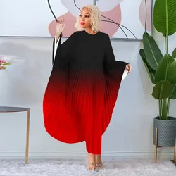 Fashion Gradient Color Pleated Dress in Spring Stylish and Loose Fit Oversized Printed Bat Sleeves Slimming Long Pleated Dress