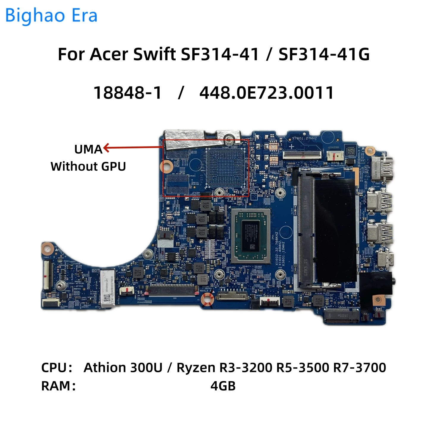 

18848-1 For Acer SF314-41G SF314-41 Laptop Motherboard With R3-3200 R5-3500 CPU 4GB-RAM UMA 448.0E723.0011 NBHEY11003 NBHEY11002