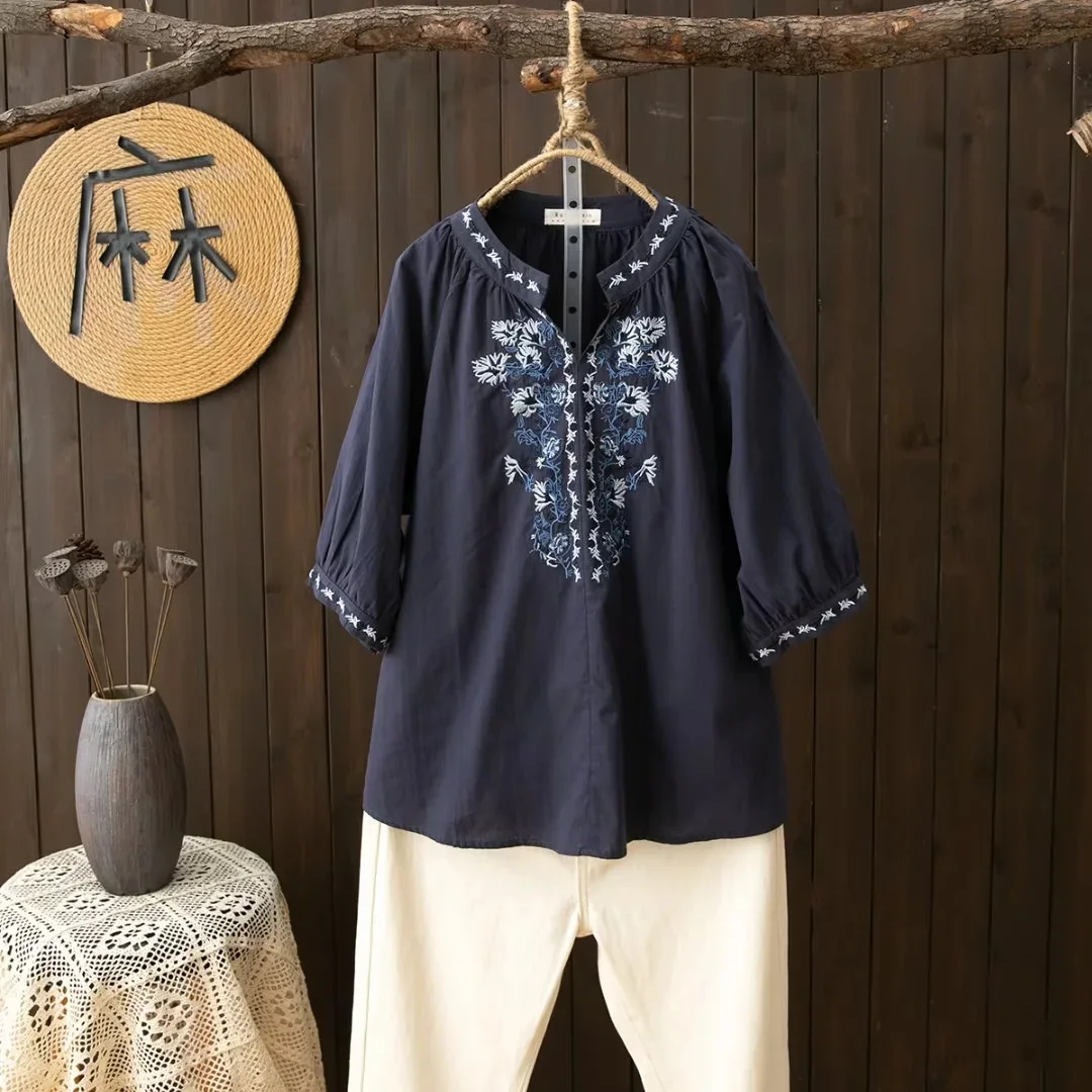 Vintage Ethnic Style Women\'s Shirts 3/4 Sleeves V Neck White Navy Blue Embroider Shirts and Blouses Large Size Tops