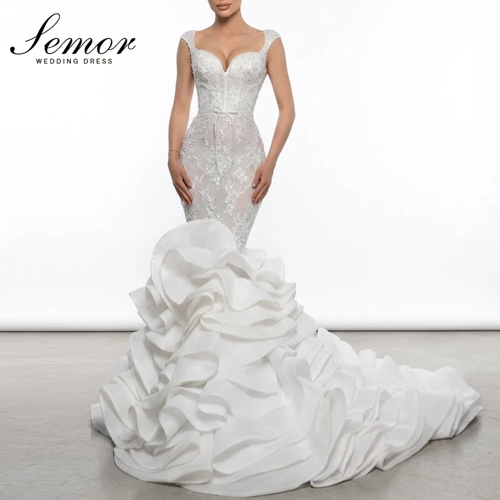 Semor Customized Sweetheart Collar Lace Wedding Dresses with Court Train Bow Lace Layered pleat Bridal Gown Robe De Mariée 2026