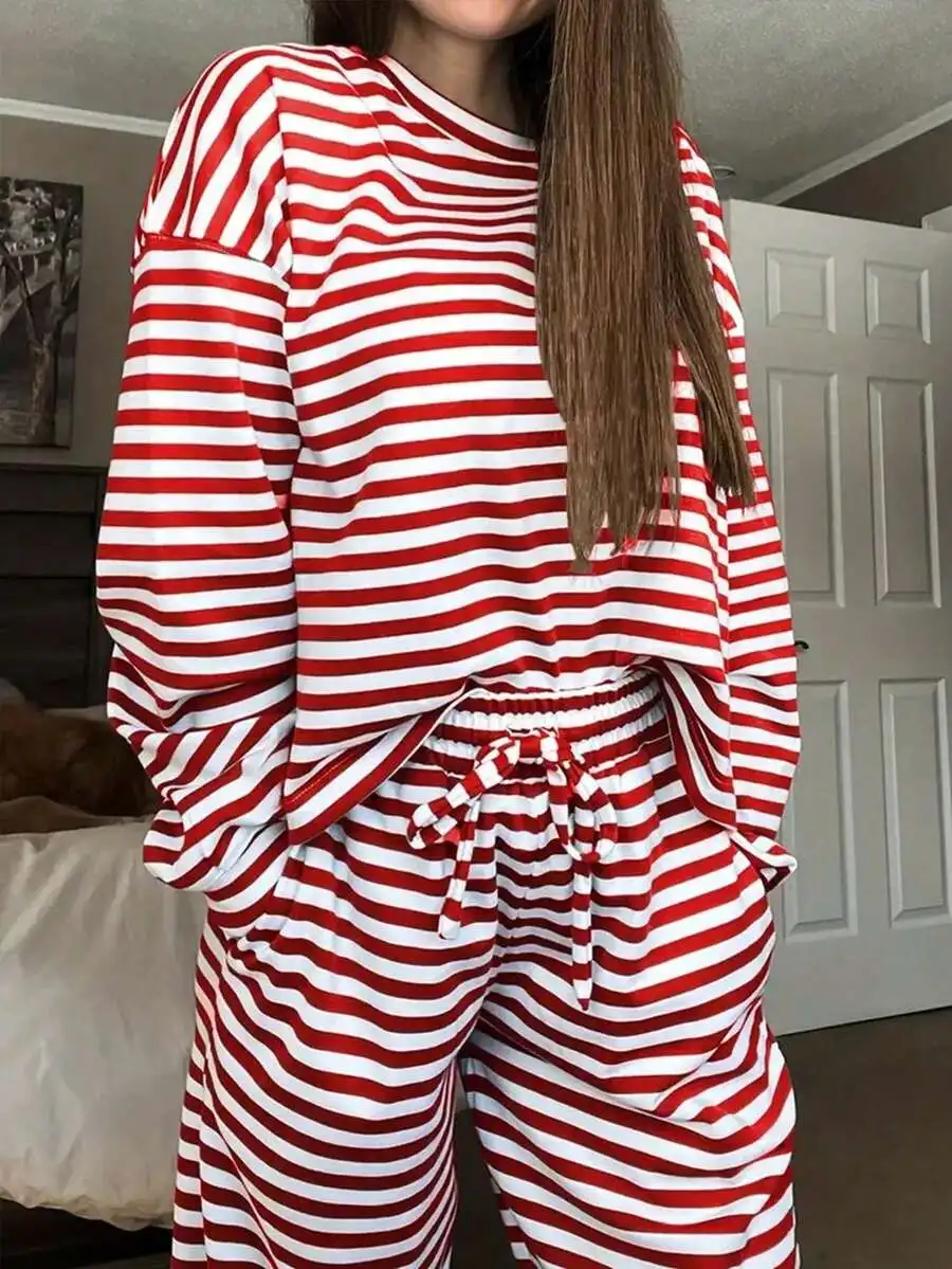 2-Piece Red And White Striped Pajama Set With Crew Neck Top And Drawstring Pants