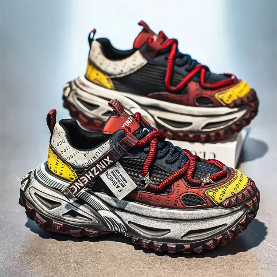 

Men's Chunky Platform Sneakers Retro Dad Shoes - Upper and Sole Wide Width Mid-Top with Lace/Slip Closure Distressed Vintage Ca