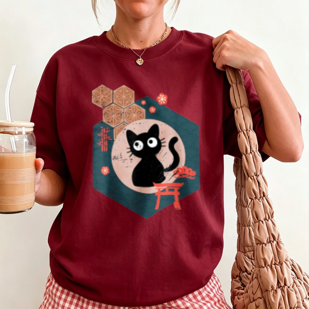 Sechseckiger Rahmen Japanisches Torii-Tor Große Augen Niedliche Schwarze Katze Distressed-Print Herren Damen Baumwoll-T-Shirt Sakura Kanji Element Tops