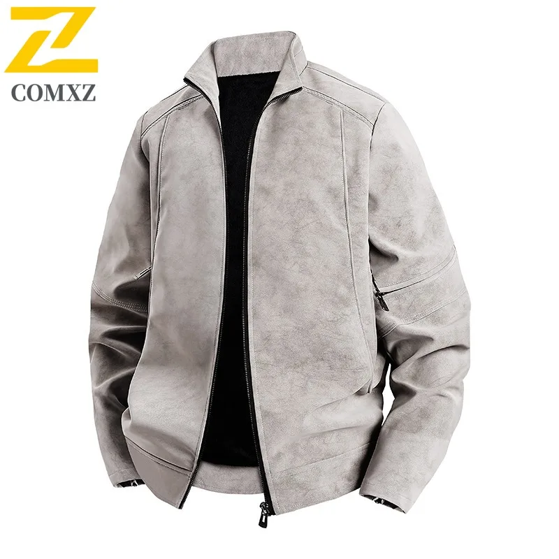 

COMXZ Мужская кожаная куртка, повседневная удобная куртка с воротником-стойкой для приключений на открытом воздухе, уличная легкая осенняя новая одежда для отдыха
