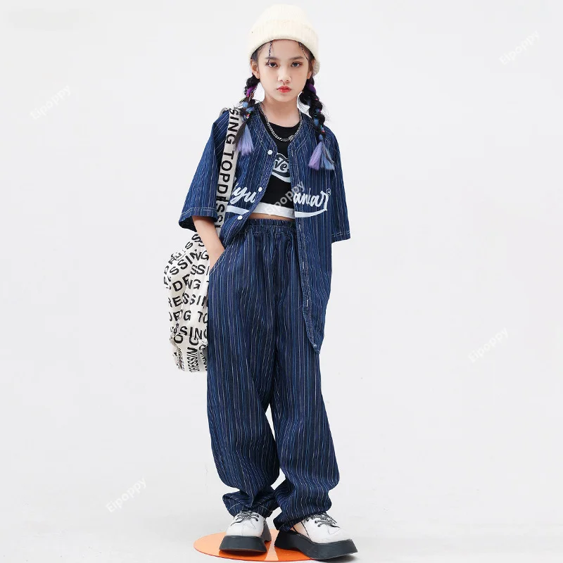 

Hip Hop Girls Striped Loose Jeans Jacket Kids Shirt Street Dance Denim Pants Clothes Sets Streetwear Child Jazz Outfits Costumes