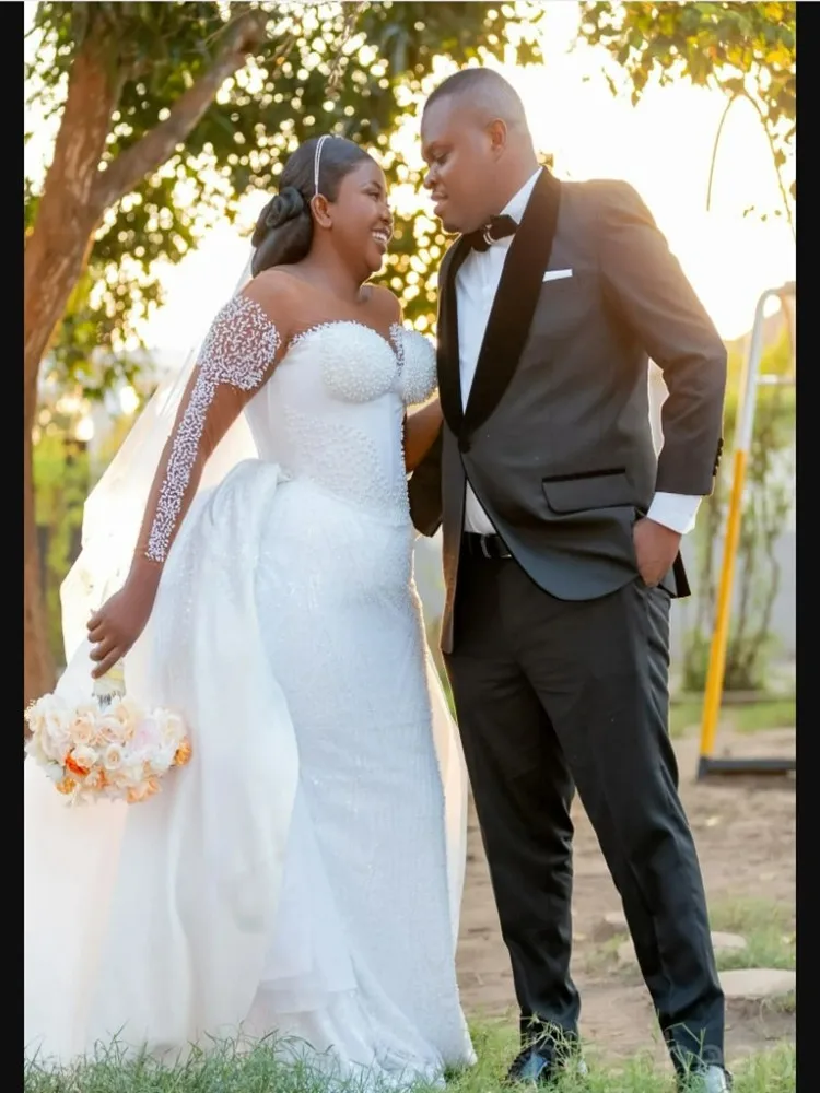 Customized Off The Shoulder Plus Size Shinny Beads Pearls Wedding Dress with Removable Skirt Long Sleeves Africa  Bridal Gowns