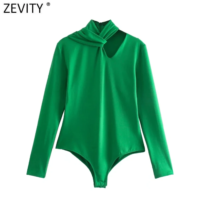 Zevity Women Sexy Candy Colors Hollow Out Design Knotted Bodysuits Office Ladies Casual Slim Siamese Chic Zipper Romper LS97981