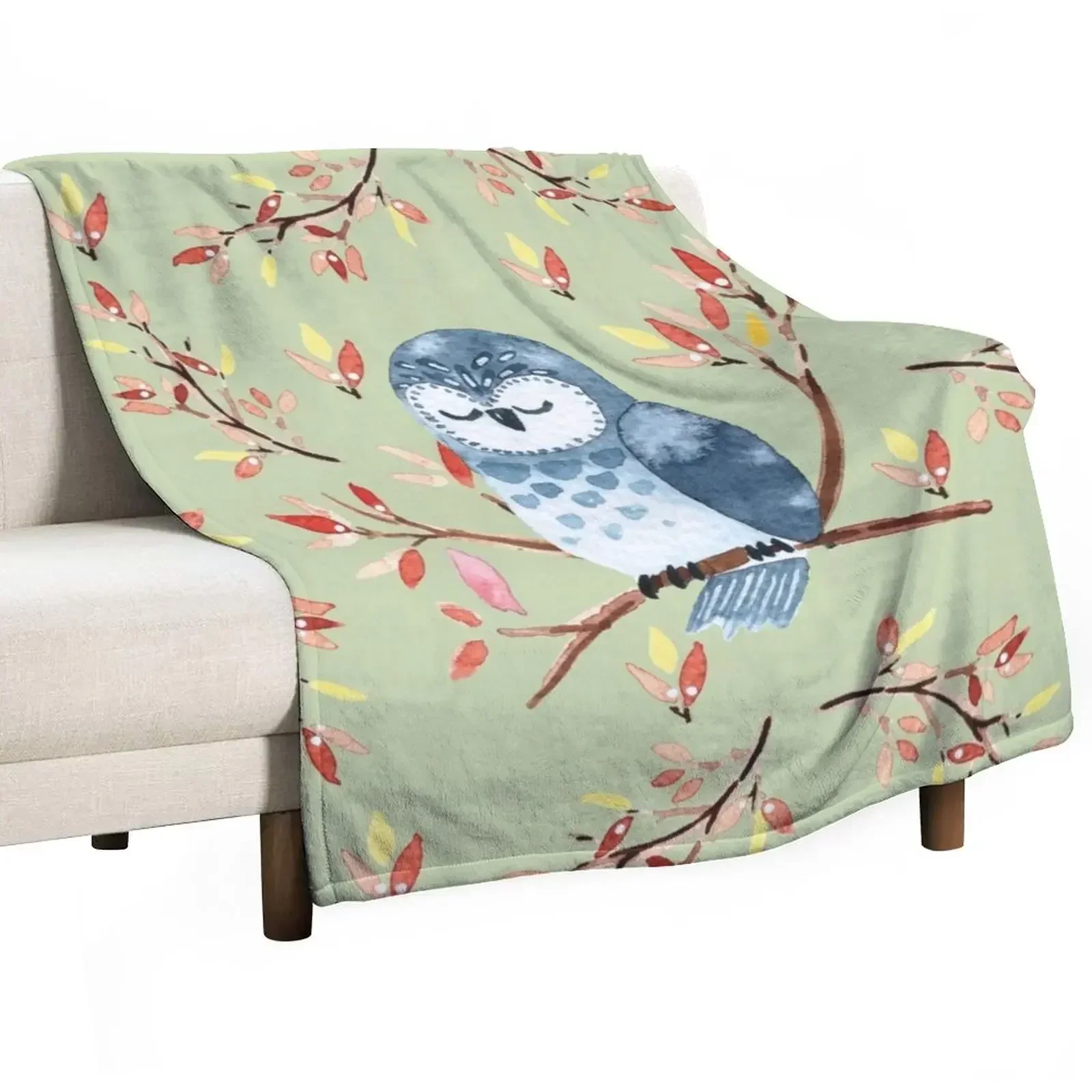 

Cute watercolor owl and autumn leaves, green background Throw Blanket decorative Bed covers Soft Big Luxury Blankets