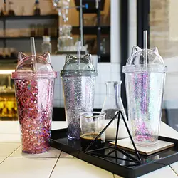 Ucho kota butelka wody BPA dowolne podwójne kubek ścienny z pokrywkami i prosty proszek Flash ze słomką wielokrotnego użytku Smoothie Cup Drinkware