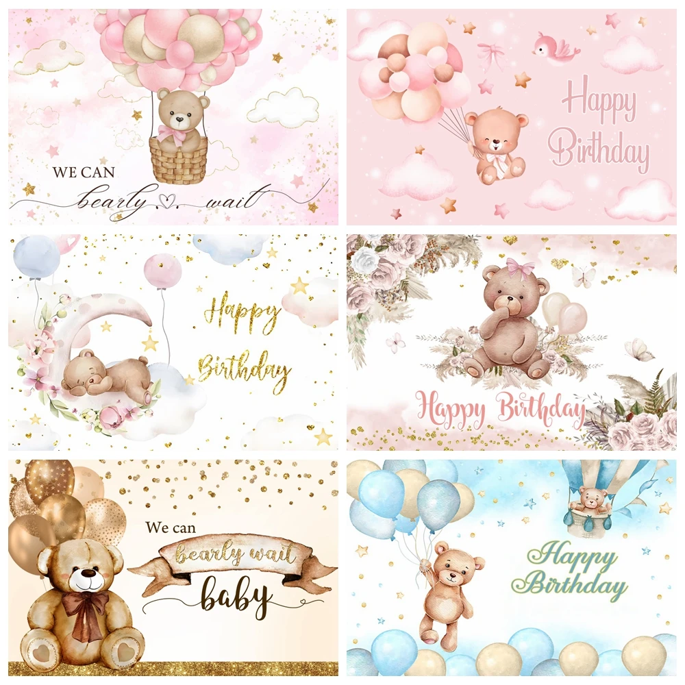 Pink Blue Teddy Bear Baby Shower Backdrop Newborn Boy Welcome Party Decor Background Boho Flower We Can Bearly Wait Backdrop