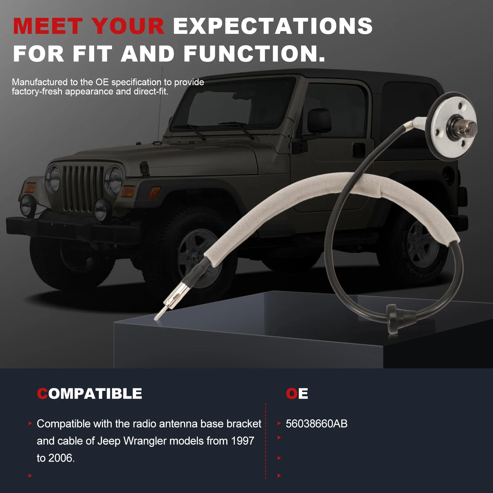 56038660AB Radio Antenna Base Bracket with Cable Compatible with 1997-2006 Jeep Wrangler