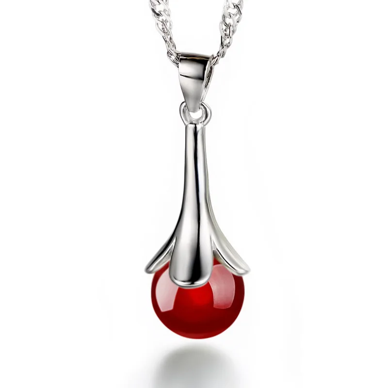 925 Sterling Silver Stylish Simple Black and Red Agate Stone Pendant Necklace Birthday Party Anniversary Gift