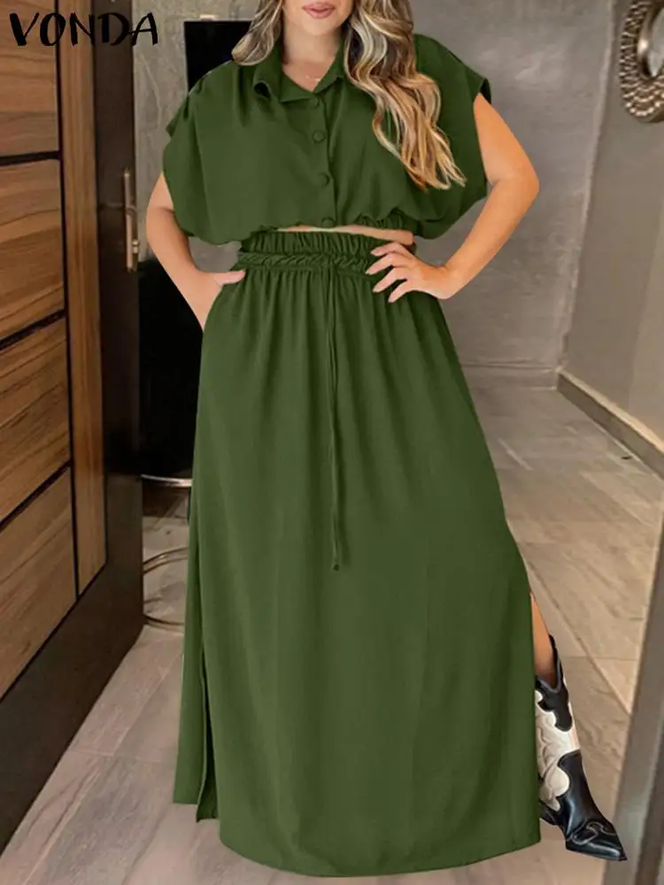 Plus Size 5XL VONDA 2024 Summer Maxi Dress Sets Women Casual Solid Short Sleeve Tops and Elastic Waist Long Skirt Button Sets