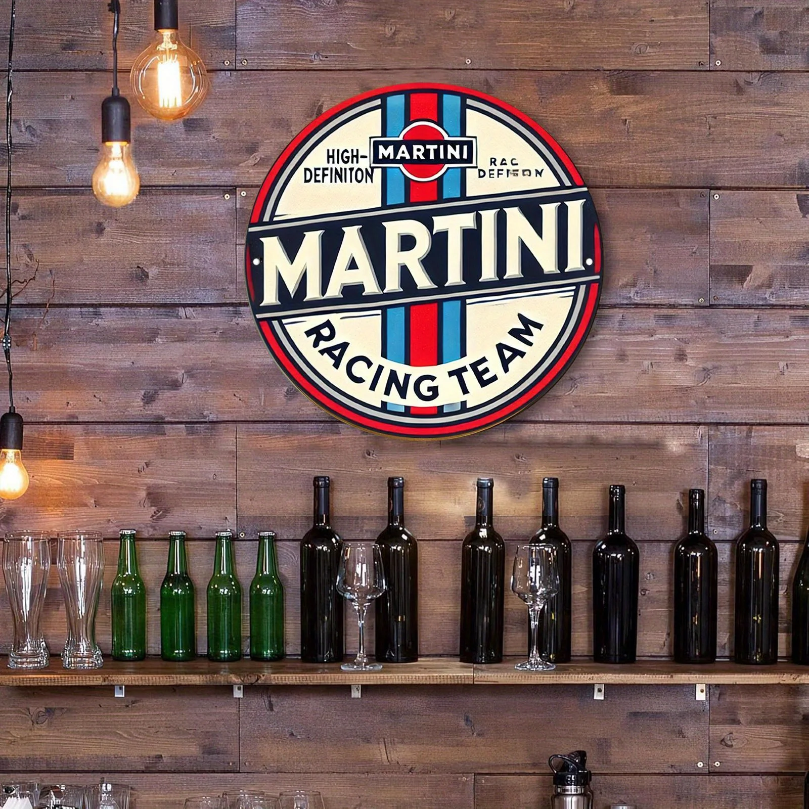 2D Flat Vintage Martini Racing Team Metal Sign 19.99cm Round Aluminum Wall Decor High-Definition Print with Striking Red Color W