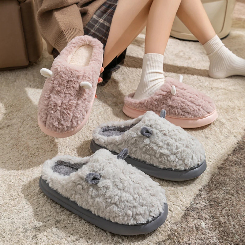 Winter Home Slippers Men Shoes Cute Cartoon Flat Platform Slippers Women Warm Plush Slides Indoor Bedroom Non-Slip Floor Slipper image 4