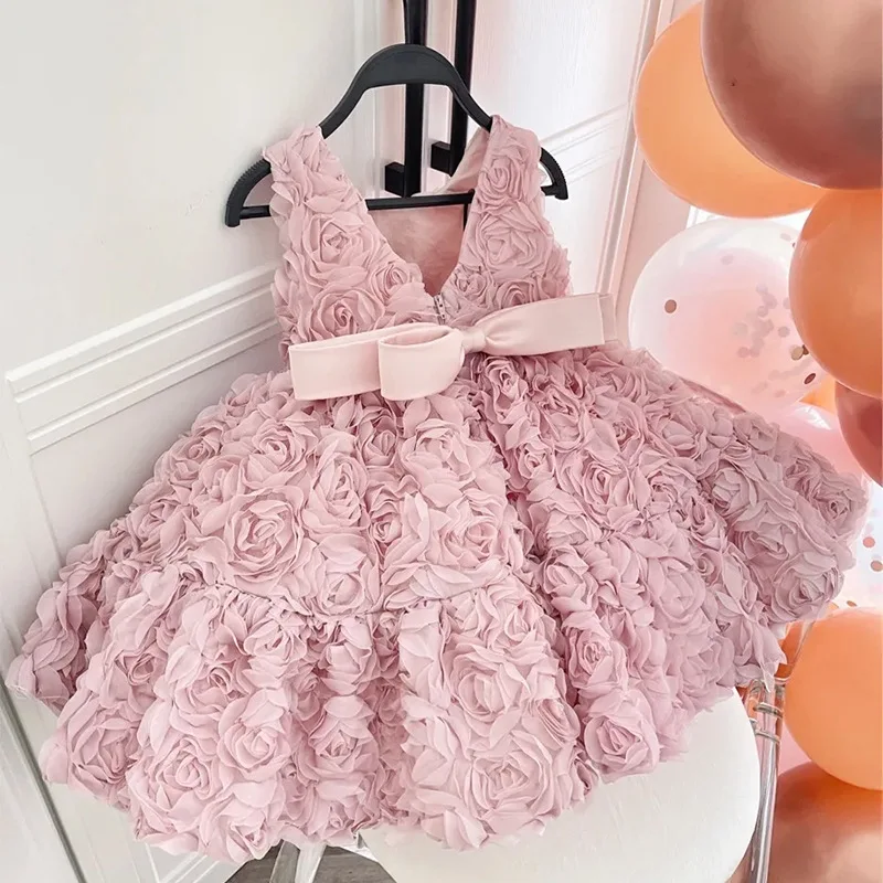 Girls birthday princess dress high-end dress Korean style fashion baby pink three-dimensional flower dress