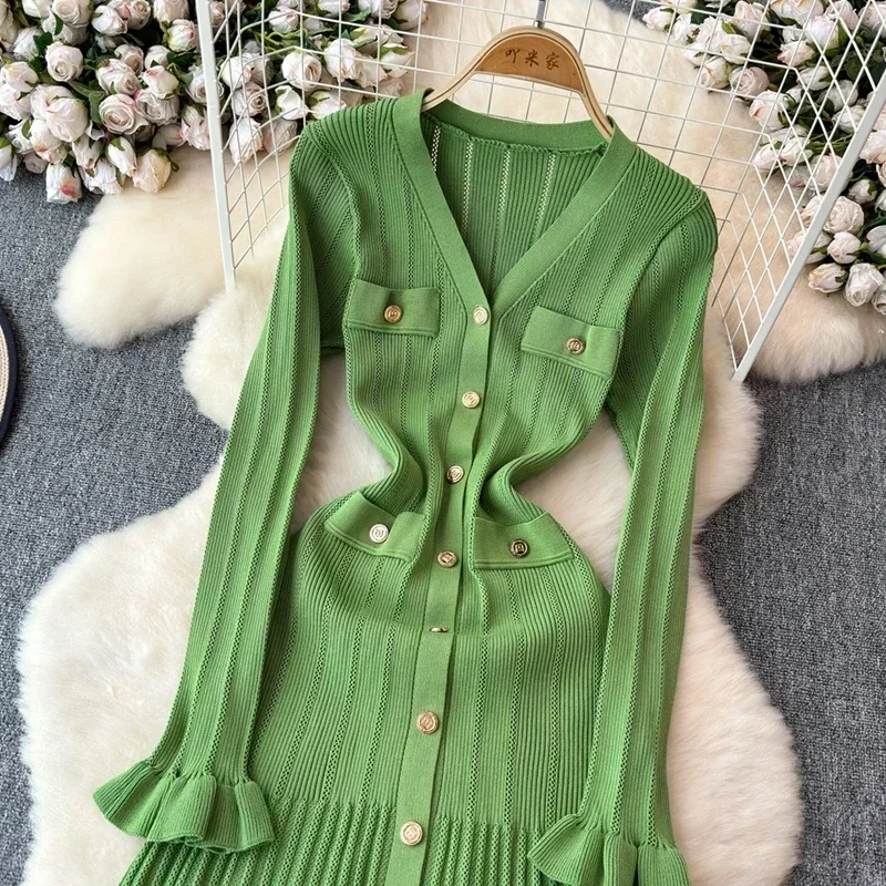 2024 Green Fashion Autumn Winter Knitted Long Dress French Style Letter Buttons Elegant Sweater Dress Lady Office Bodycon