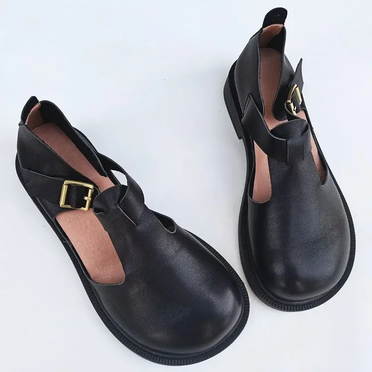 

Summer Genuine Leather wide toe Shoes Retro British Style Ugly Cute Women's Shoes Cowhide Soft Sole Original Handmade Shoes