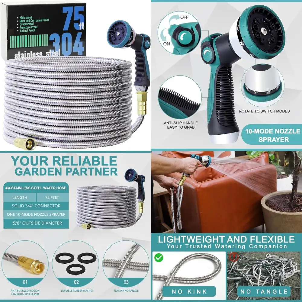 

Flexible 75FT Stainless Steel Garden Hose with 10-Mode Nozzle, Lightweight, Puncture-Resistant, Kink-Free for Outdoor Watering