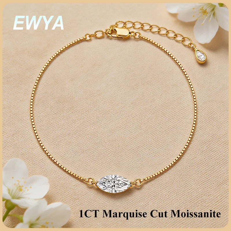 EWYA Marquise Emerald Oval Cut Solitaire Moissanite Diamond Link Bracelet for Women S925 Silver Lab Diamond Party Wrist Chain